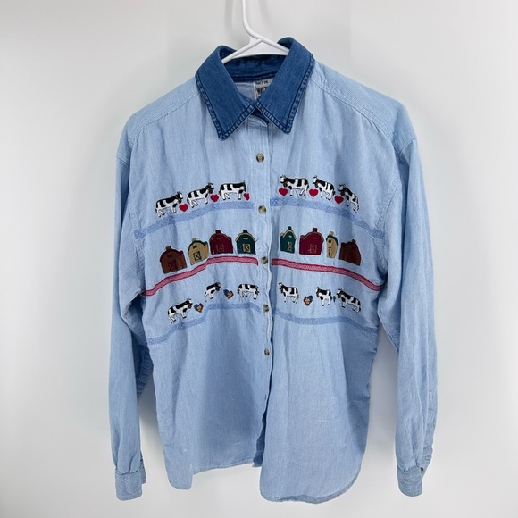 Tops - Denim Shirt with Cow and Barn Embroidery